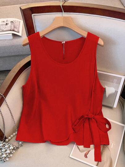GlowEve CURVE Summer Casual Solid Color Round Neck Tie Front Sleeveless Shirt Blouse For Women