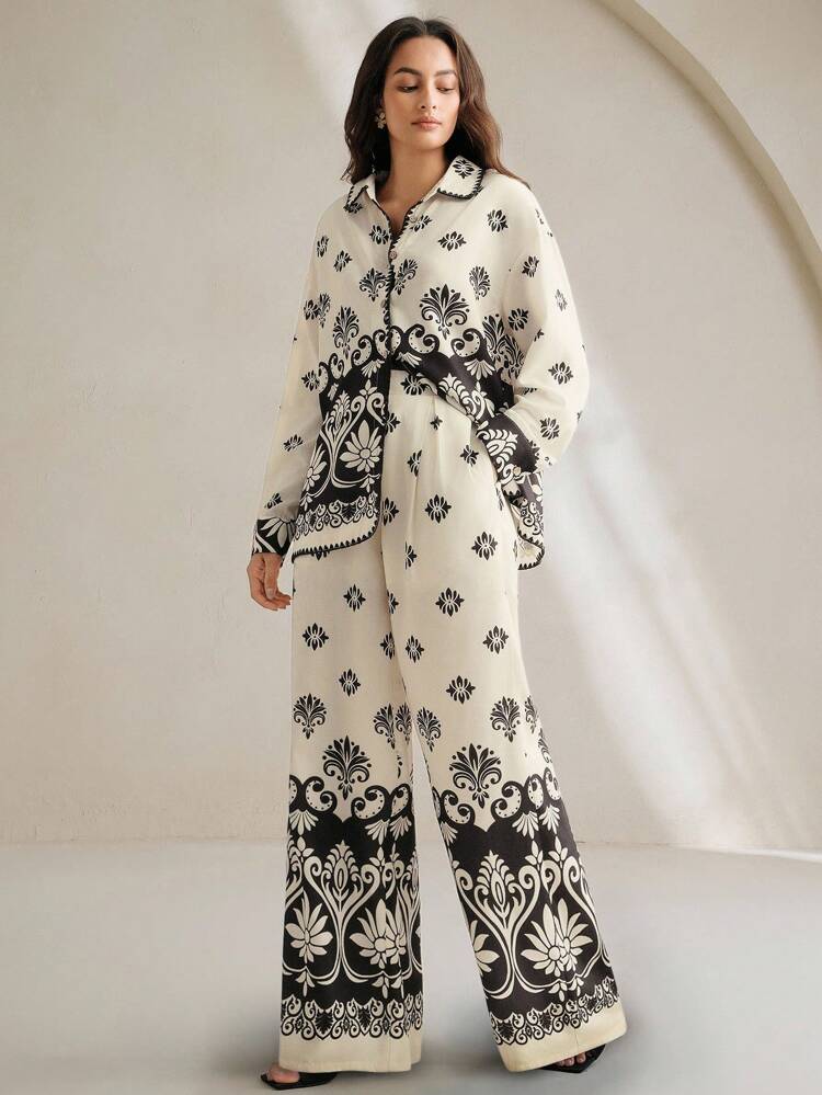 Vintage Niche Black Asymmetric Print High Waist Loose Wide-Leg Pants