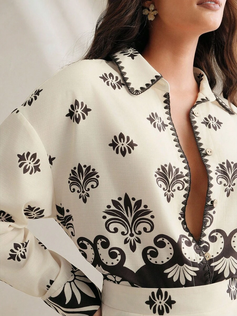 Anewsta Vintage Chic Black Asymmetric Graphic Shell Embroidery Loose ...
