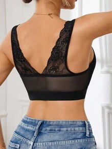 SHEIN Sutiã feminino floral de renda patchwork com costas abertas sexy - Preto - Ver 2