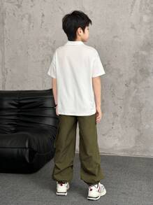 SHEIN Tween Boy Casual Round Neck Short Sleeve T-Shirt And Pants 2 Pieces Set, Elegant Style Suitable For Summer, School, Campus, College