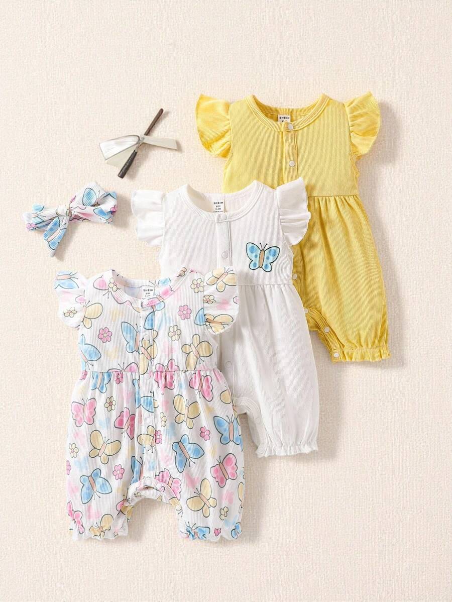 SHEIN 3pcs Baby Girl's Casual And Simple Style Butterfly Print Romper With Wide And Comfort Elasticity, And Headband - Multicolor - View 1