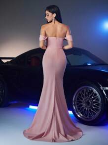 Glamrae Eleganter luxuriöser rosa gerüschter gestrickter Meerjungfrauen-Rock mit glamouröser 3D-Blumenapplikation mit Pailletten, geeignet für Wettbewerbe, Hochzeit, Party, Urlaub, Abiball, Abendkleid (stark verziert)