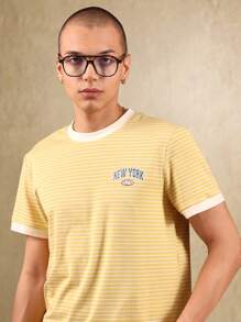 SUMWON 复古校园风格纽约林格 T 恤横条纹图案夏季休闲装周末基本街头服饰 - 黃色 - 查看 3