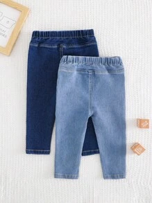 Cozy Pixies 2 件婴幼儿蓝色牛仔弹力紧身裤套装，百搭舒适，休闲百搭，适合居家、外出、度假和旅行 - 藍色 - 查看 2