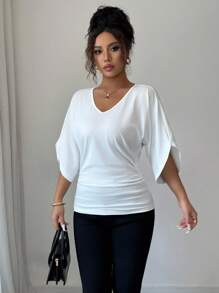 Elenzga Women's V-Neck Ruffle Batwing Sleeve Solid Color Short Sleeve T-Shirt