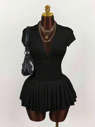 Amplova Polo Collar Deep V Sleeve Pleated Hem Dress