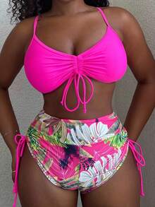 Alexandranx Summer Beach Tropical Print Bikini Set Drawstring Cami Bra & Boxer Shorts 2 Piece Bathing Suit - Hot Pink - View 3