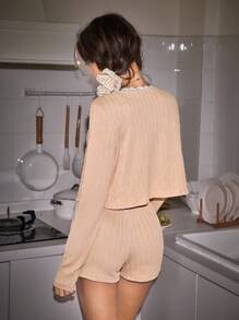 SHEIN 3pcs Lace Jacquard Camisole, Shorts And Cropped Top Pajama Set For Women - Khaki - View 3