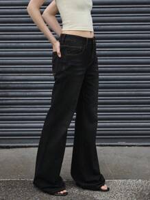 COUREZ 低腰宽松喇叭牛仔裤/女士夏季穿搭 夏季下装 Y2K 街头风 复古棉质 - 黑色 - 查看 3