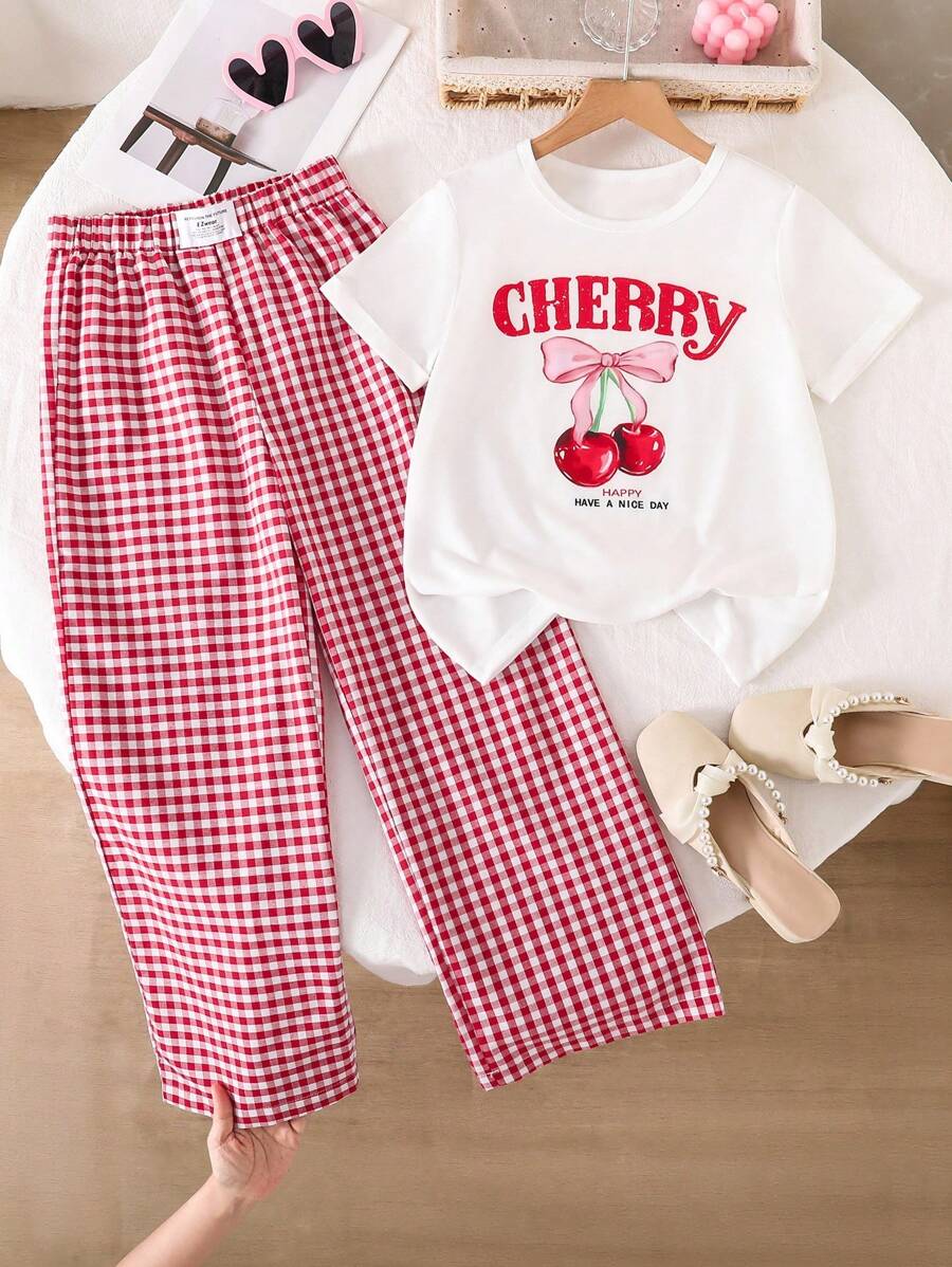 Sparklyn 1set Tween GirlsCasual Cute Plaid & Cherry Print T-Shirt And Pants Set - Red - View 1