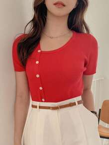 DAZY Women's Solid Color Asymmetric Neck Button Design Casual Knit Top, Short Sleeve - Red - View 3