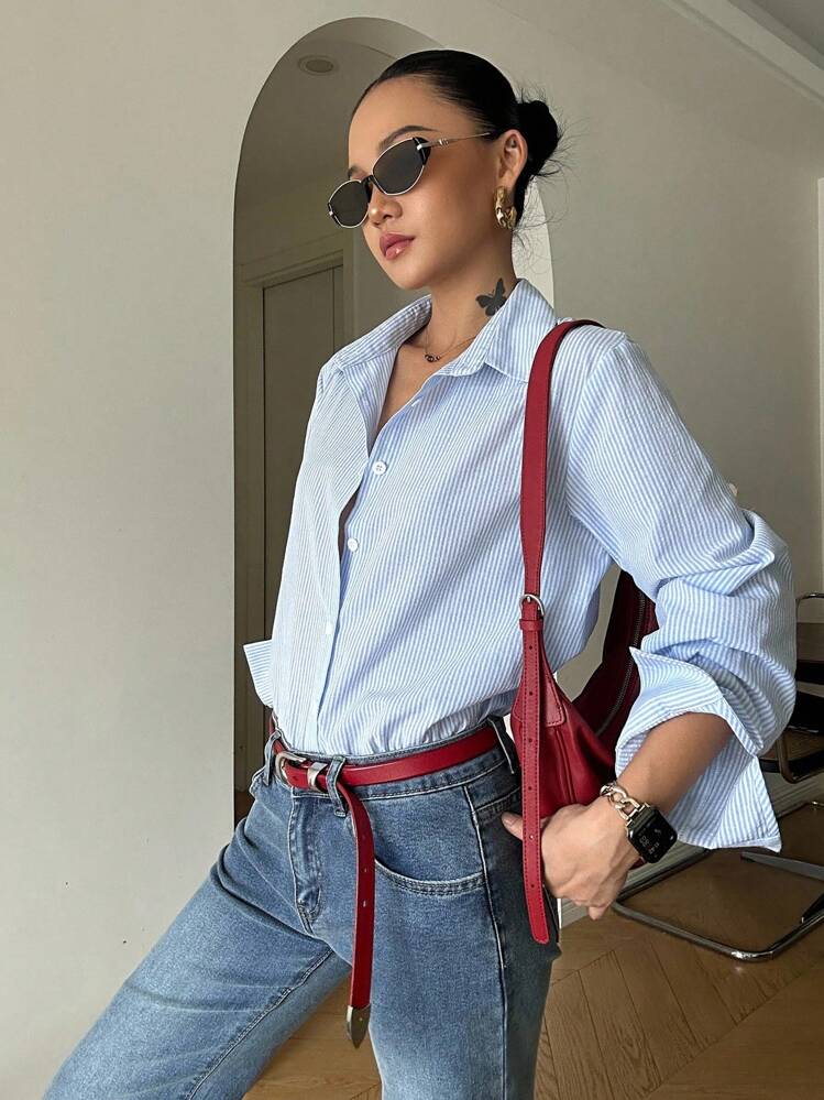 DAZY Camicia a maniche lunghe a righe da donna, alla moda e adatta per l'estate e l'autunno - celeste - Visualizzare 8