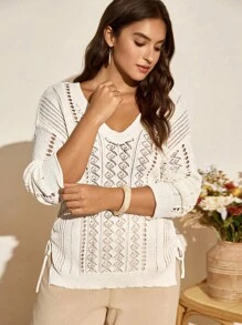 Calvaya Cut Out gestrickter Lässig Pullover in Große Größen mit Langarm, Oberbekleidung für Ausgehen & Urlaub, Herbst/Winter Strick Pullover - Aprikosenfarben - Übersicht 3