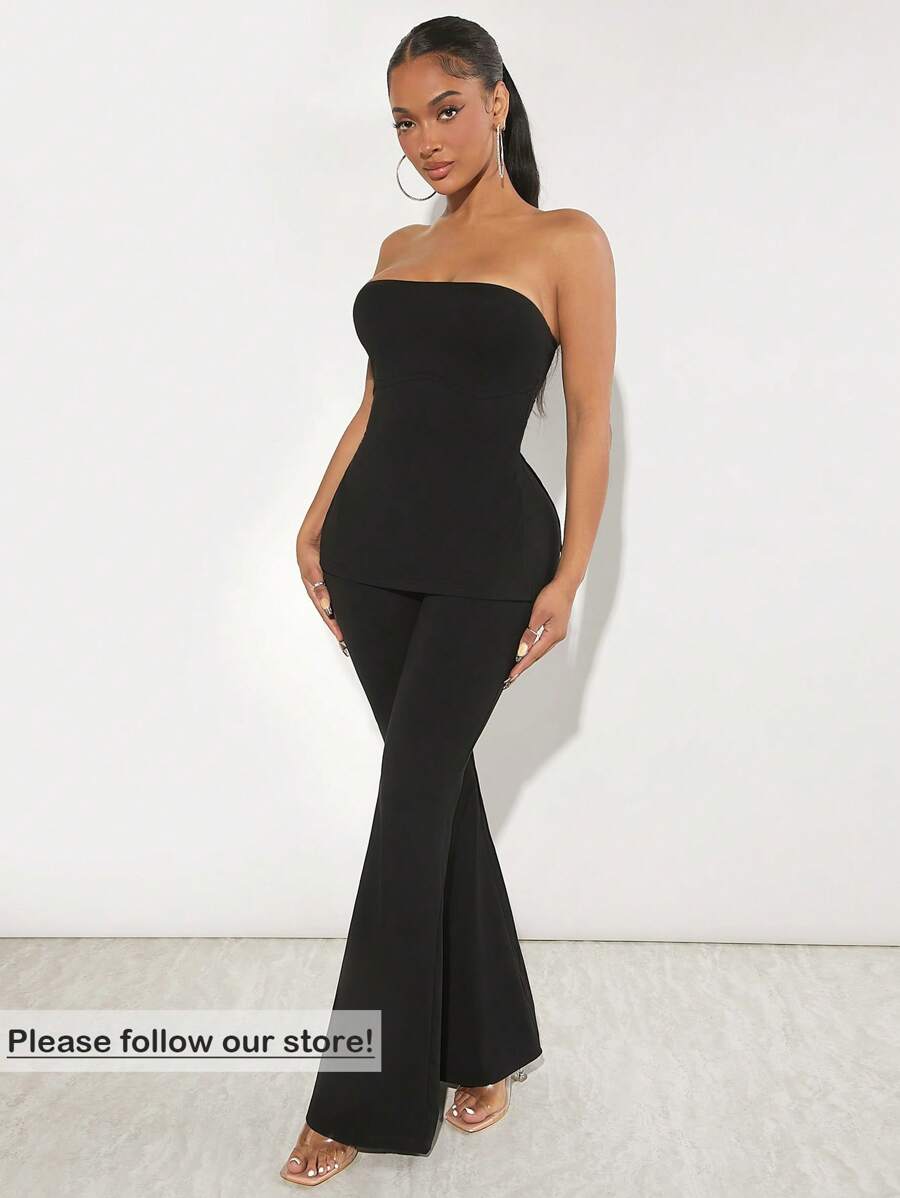 SHEIN SXY Solid Tube Top & Flare Leg Trousers - Black - View 1