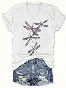 EMERY ROSE Large-Sized Women's Casual V-Neck Short-Sleeved T-Shirt With Dragonfly And Butterfly Prints - White - View 1