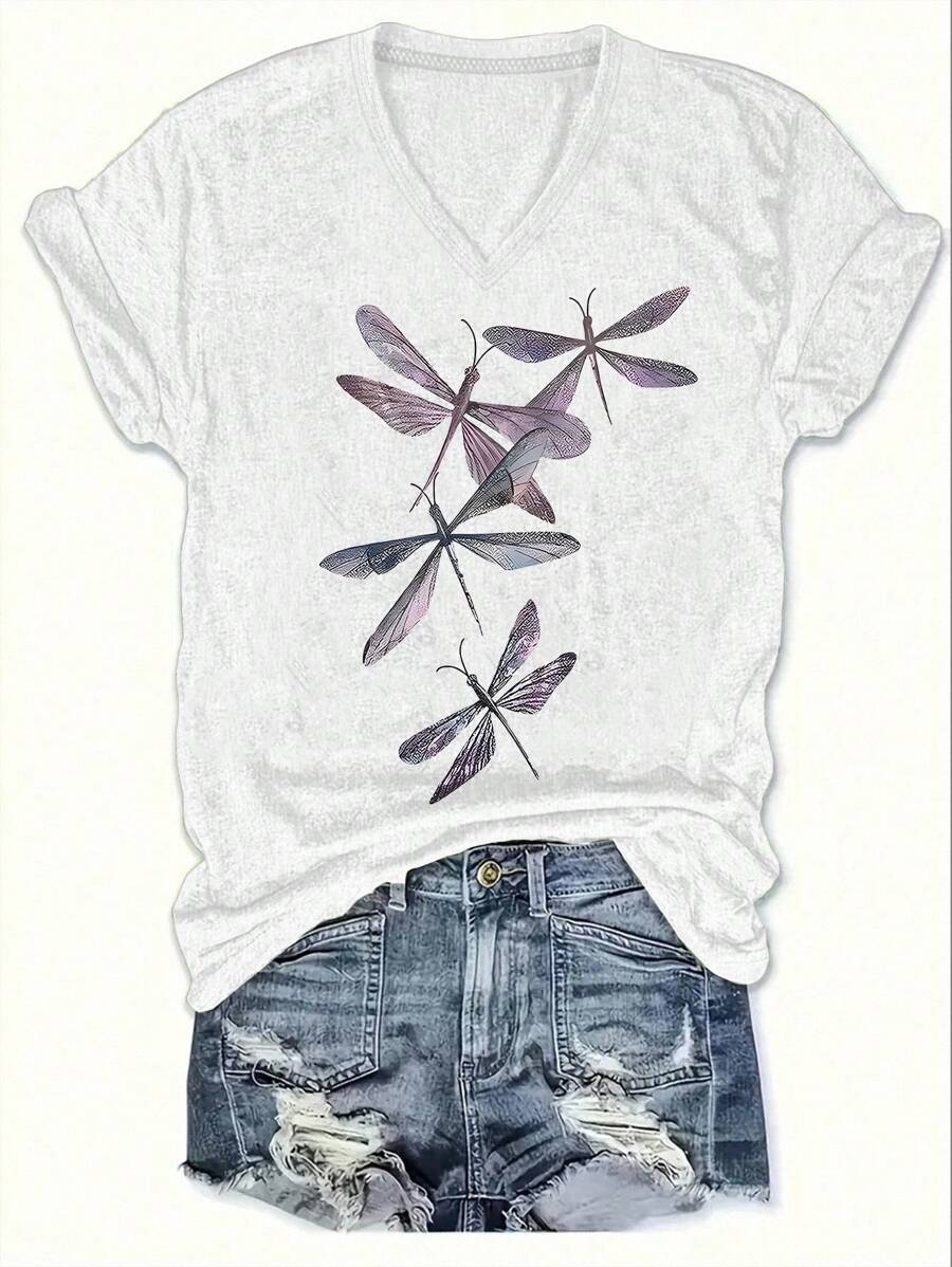 EMERY ROSE Large-Sized Women's Casual V-Neck Short-Sleeved T-Shirt With Dragonfly And Butterfly Prints - White - View 1
