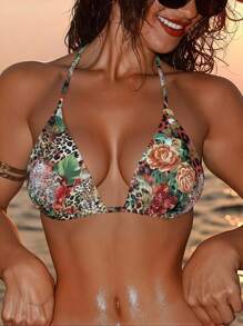 SHEIN Swim 2 件女式豹纹领带性感吊带比基尼上衣夏季沙滩泳装，随机印花设计 - 彩色 - 查看 1