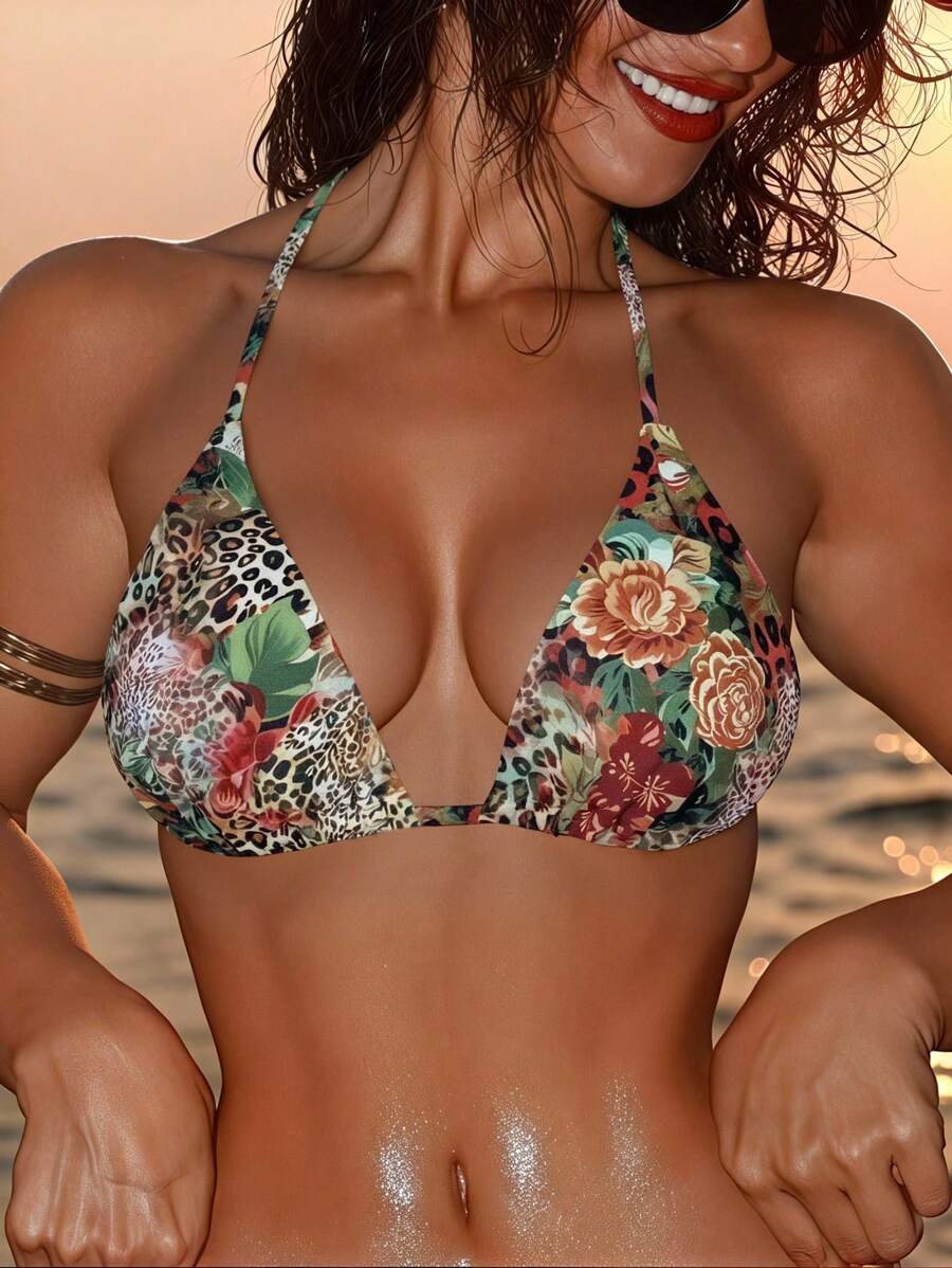 SHEIN Swim 2 件女式豹纹领带性感吊带比基尼上衣夏季沙滩泳装，随机印花设计 - 彩色 - 查看 1