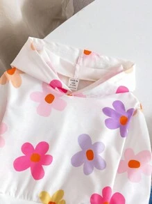 SHEIN Playful Pals 寶寶女孩休閒運動彩色花卉圖案帽衫，帶帽長袖衛衣，適用於日常穿著和外出活動