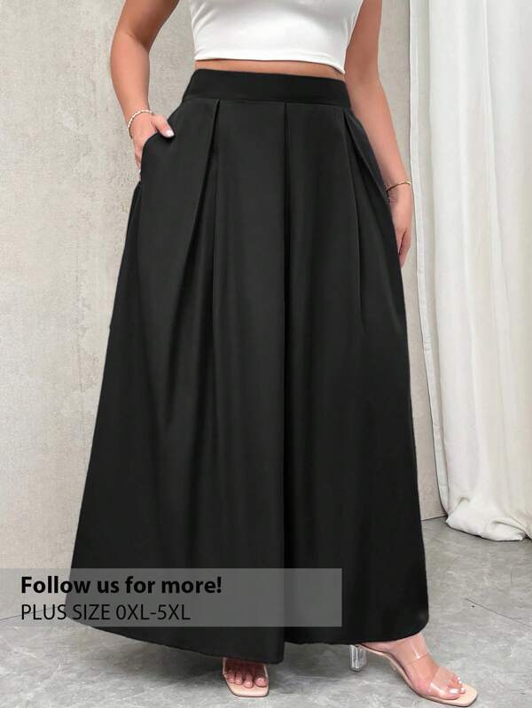 Firerie Saia plissada plus size feminina de cintura alta cinza maxi com bolsos e cós elástico, de volta às aulas