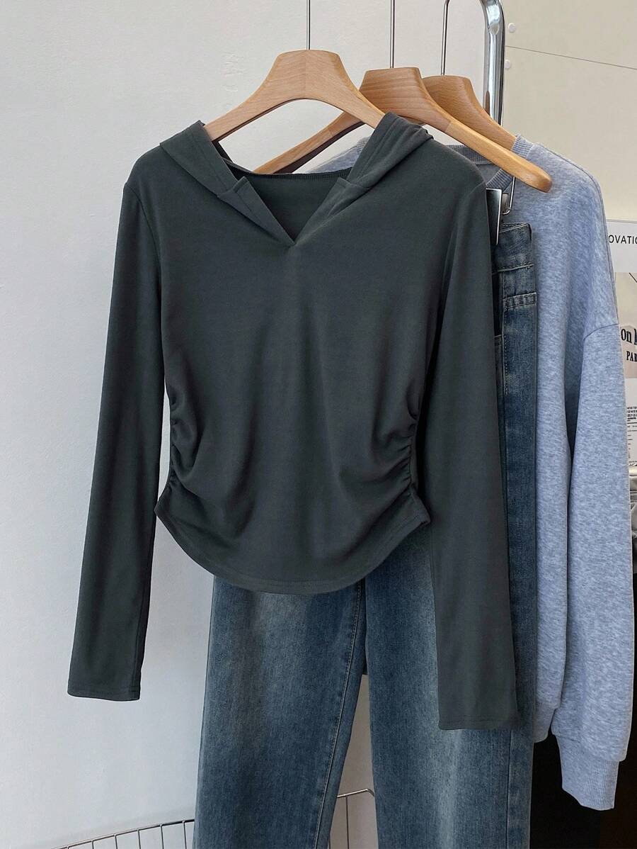 SHEIN Blusa básica casual de mujer con capucha, manga larga y recogido, para otoño