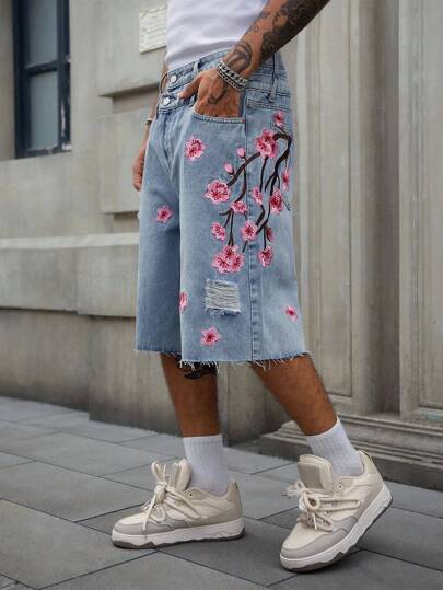 Anime Men's Double-Layer Waistband Floral Embroidered Denim Shorts