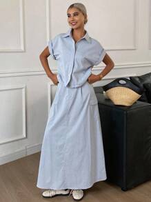 Livesso Women's Summer Short Sleeve Shirt And Skirt 2pc Set - Baby Blue - View 5