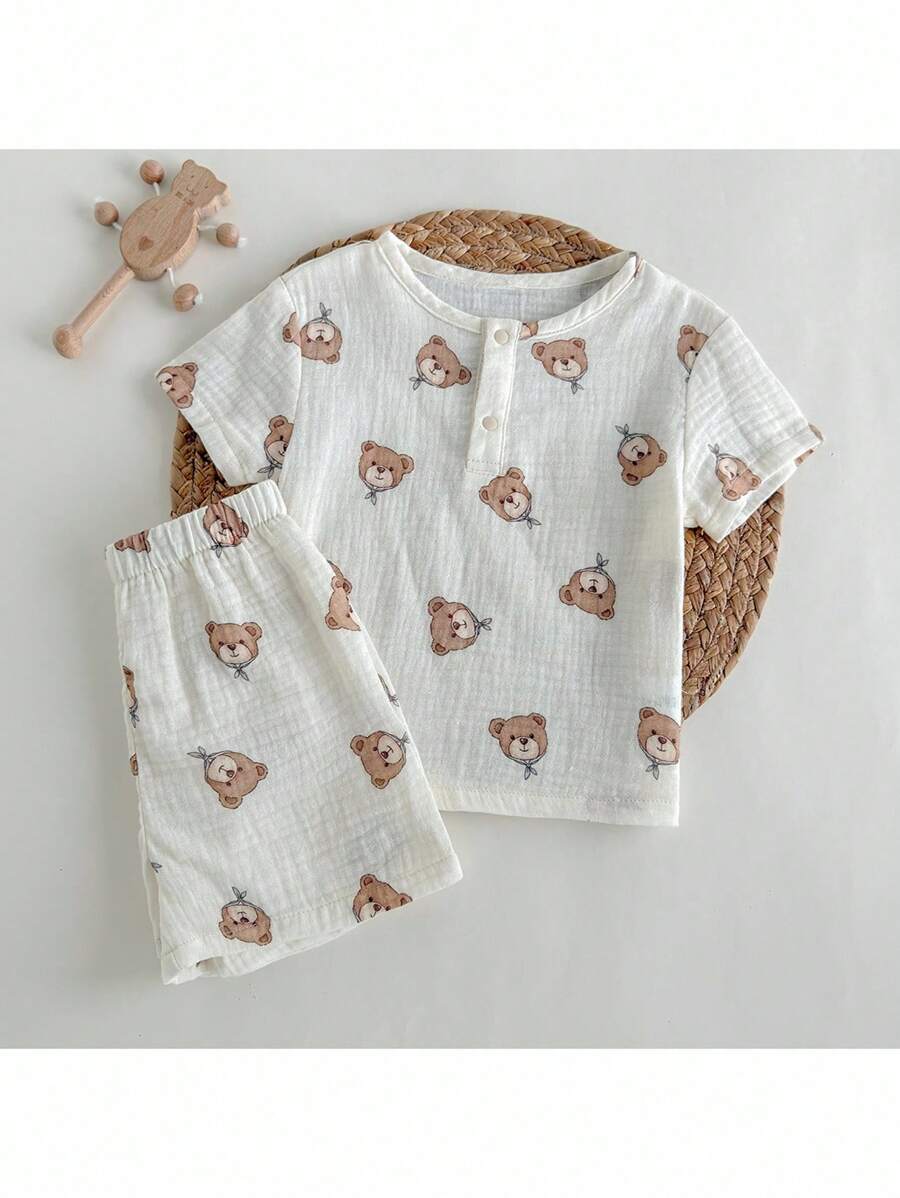 Loomiva 2 Stücke Set für Jungen mit Cartoon-Bären-Print, Rundhalsausschnitt, kurzärmeliges Henley-Top und Shorts mit elastischer Taille. Sommer-2 Stücke Set für Jungen aus Musselin für Babys, Leinen-Set für Kleinkinder, Hemd-Sets für Kleinkinder, Sommer-Gaze-Oberteile