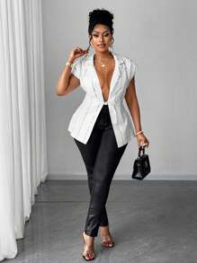 Maweii Plus Size Women Striped Distressed Lapel Waist Buckle Design Thin Blazer Jacket - White - View 3