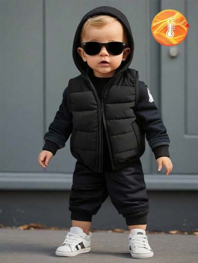 SHEIN Playful Pals 1 件男婴夹克，纯色，柔软舒适，可爱休闲风格，适合秋冬季户外玩耍、度假、日常和旅行