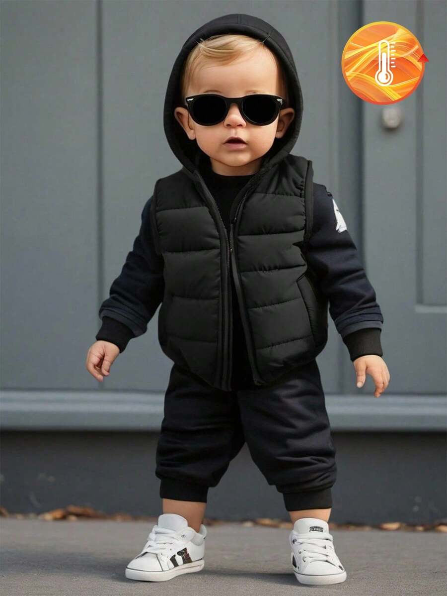 SHEIN Playful Pals 1 件男婴夹克，纯色，柔软舒适，可爱休闲风格，适合秋冬季户外玩耍、度假、日常和旅行