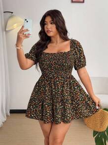 Vestido mini de mangas abombadas con hombros caídos y estampado floral menudo para mujer talla grande, estilo vacacional - Multicolor - Ver 5