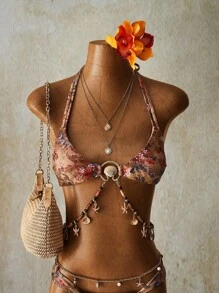 SHEIN ICON 女士夏季沙滩花卉印花露背性感比基尼泳装套装 - 彩色 - 查看 3