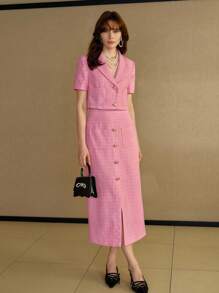 MOTF PREMIUM 格纹翻领短款夹克 - 粉色 - 查看 4