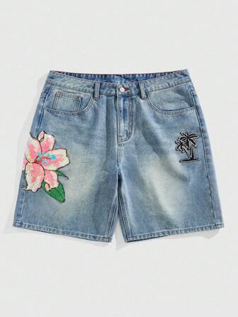 Street Life Pantalones cortos de mezclilla con flores bordadas y lentejuelas para hombre