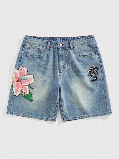 Street Life Pantalones cortos de mezclilla con flores bordadas y lentejuelas para hombre