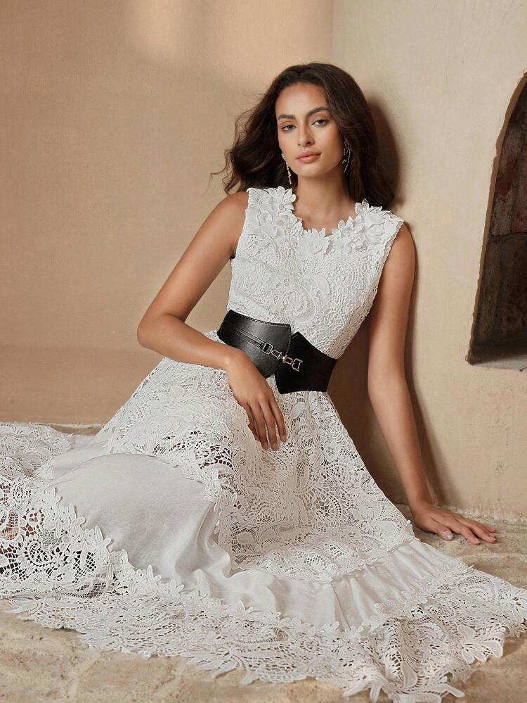 New Elegant French Style Women's Waist-Cinched Embroidered Dress, Round Neck, Fitted, All White, Suitable As Birthday Dress Or Wedding Guest Dress