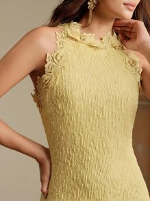 Anewsta 女士长款褶皱纹理连衣裙，适合节日、休闲、度假、节日、优雅、约会之夜、春夏季服装 - 黃色 - 查看 2