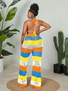Maweii Plus Size Women 2pcs Set Rainbow Striped Halter Top And Loose Pants Knitted Suit - Orange - View 2