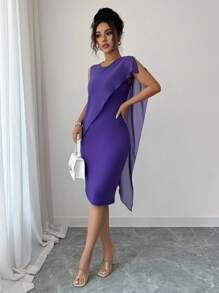 Elenzga فستان متوسط الطول أنيق يتميز بلون واحد، رقبة مستديرة، قطع شبكية، مصمم بطريقة ملائمة للمرأة