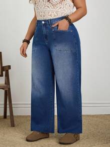 EMERY ROSE Jeans à jambe large de mode casual avec design de poche en couleur dégradée, grande taille - Bleu azur - Voir 4