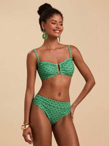 Travachic Conjunto de traje de baño con estampado total para vacaciones en la playa para mujer