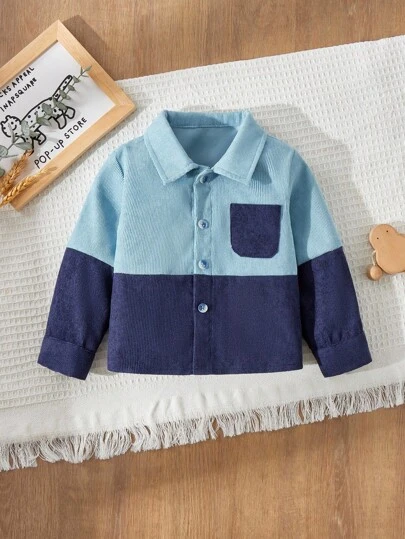  Blossori Baby Boys' French Elegant Color Blocking Shirt-Style Jacket Casual Toddler Boys' Long Sleeve Button-Up Jacket Featuring A Stylish Blue Colorblock Ribbed Design, Collar, And Chest Pocket. Perfect For Everyday Wear Autumn Winter Clothes For Women
