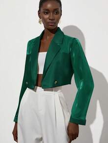 Aveloria Modichic 全新百搭优雅商务休闲简约精致高端设计欧根纱和缎子混纺材质透气金属扣短款女式西装外套 - 綠色 - 查看 5