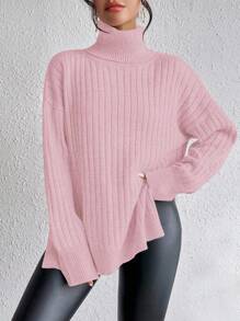 SHEIN Clasi Solid Color Ribbed Turtleneck Slit Long Sleeve Sweater Knit Pullover Fall Winter - Pink - View 6