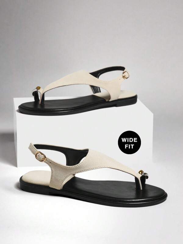 SHUZIA Women's Wide-Fit Comfy Everyday Summer Cute Vacation Casual Gold Decor Toe Ring Flat Sandals