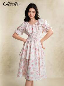 少女优雅花卉印花荷叶边下摆连衣裙，夏季 - 白色 - 查看 3