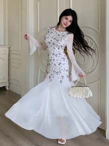 Modelyn Robe évasée à manches évasées avec bordure en dentelle à imprimé floral, coupe ajustée pour femme, printemps/été - Prune - Voir 1