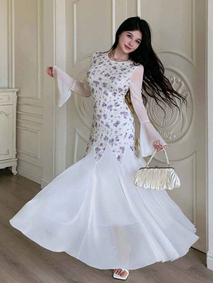 Modelyn Robe évasée à manches évasées avec bordure en dentelle à imprimé floral, coupe ajustée pour femme, printemps/été - Prune - Voir 1